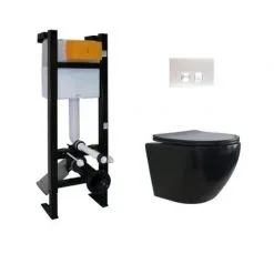 REGIPLAST Pack WC Bâti-support Evo + Cuvette Sans Bride KELOS Noir Mat + Plaque Blanche