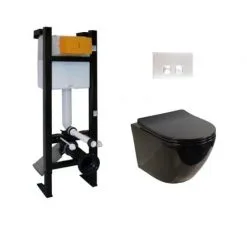 REGIPLAST Pack WC Bâti-support Evo + Cuvette Sans Bride KELOS Noir Brillant + Plaque Blanche
