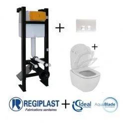 REGIPLAST Pack WC Bâti-support Evo + Cuvette Sans Bride Tesi Aquablade + Plaque Blanche